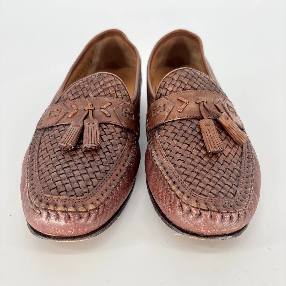 Brass Boot Brown Leather Loafers Men Size 11 M Woven Interlocking Tassel Slip On